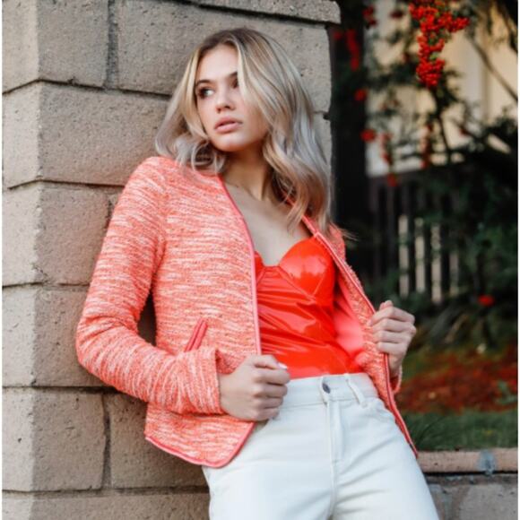 Orange Vintage Tweed Long Sleeve Front Zip-Up Detail Jacket With Pockets - Picture 3 of 16